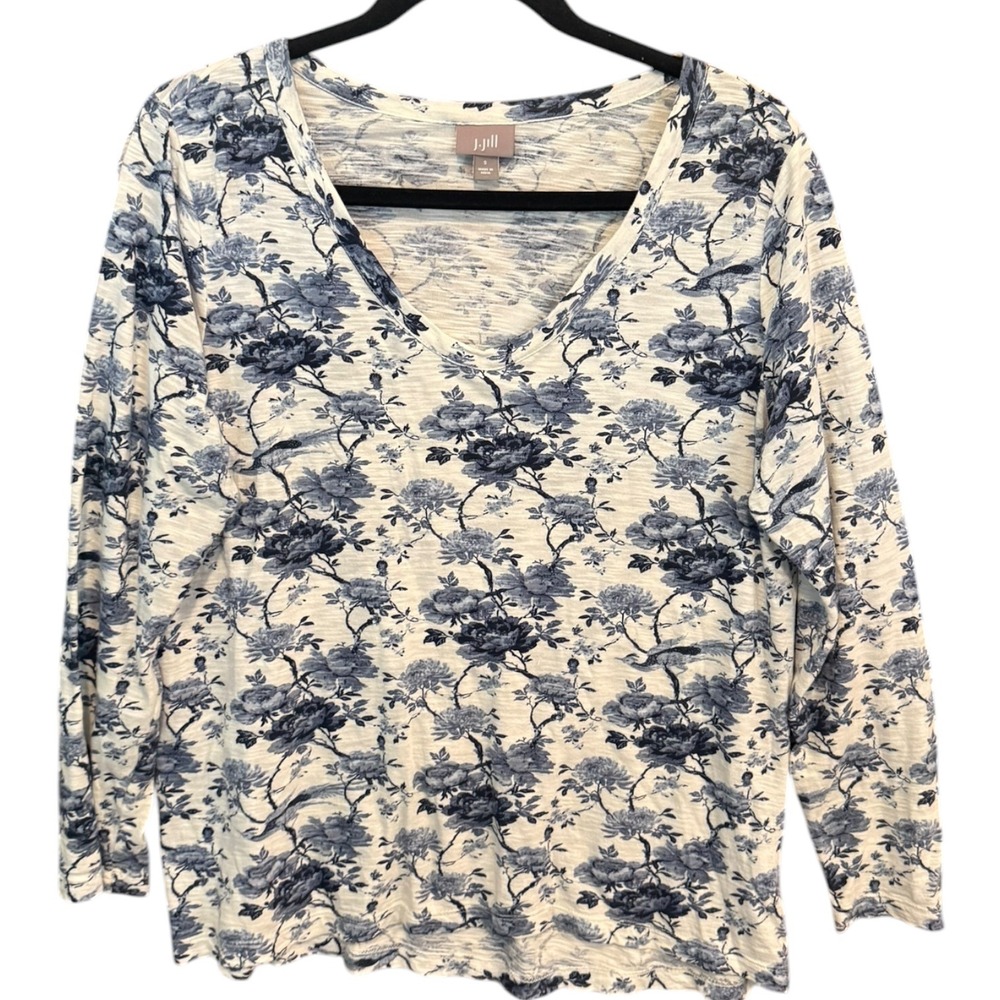 J. Jill Blue Floral Toile V-Neck Long Sleeve Slub Knit Top Womens Small S Cotton